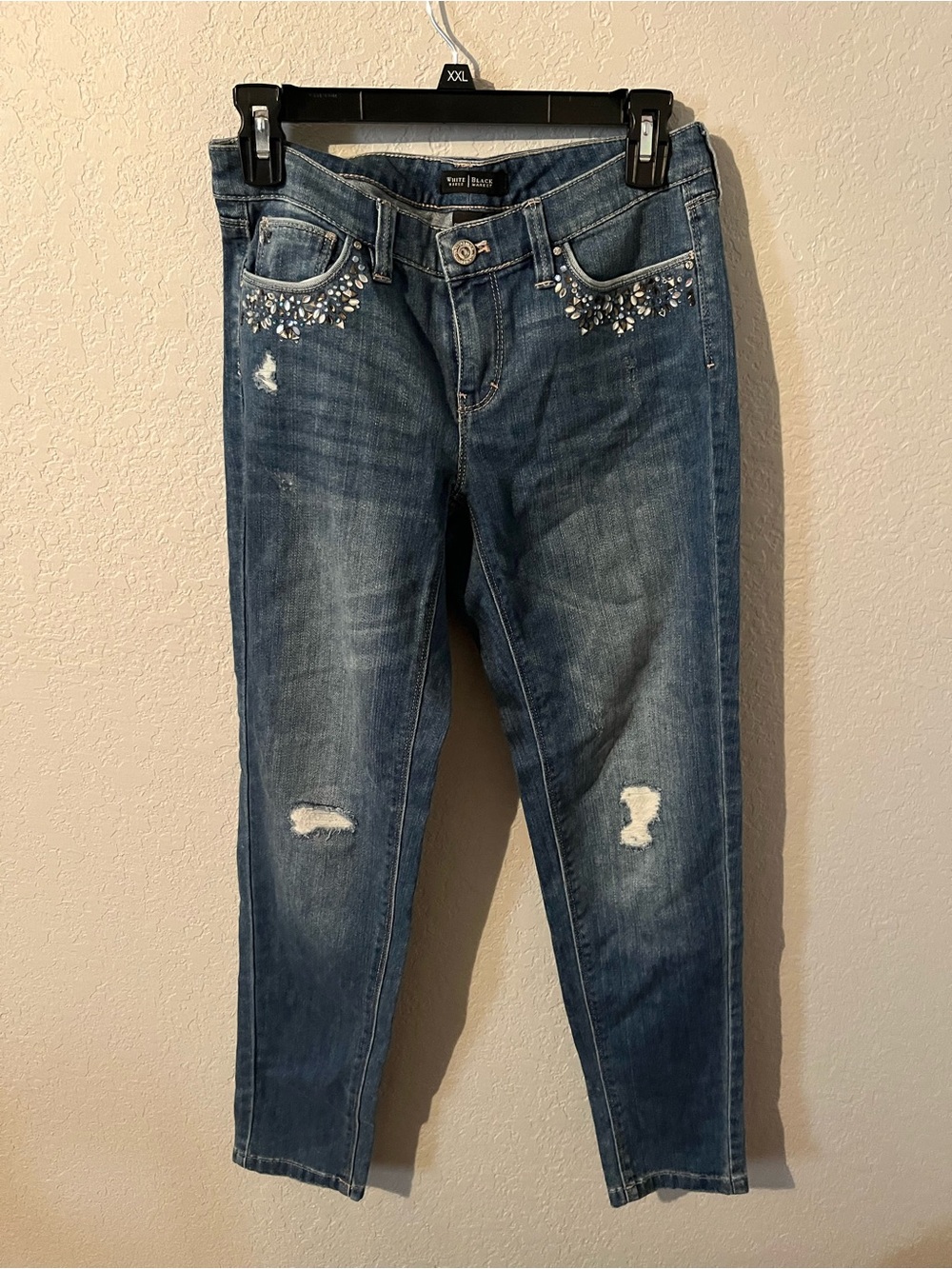 White House Black Market Blue Cropped Jeans with Front Crystal Embellishments